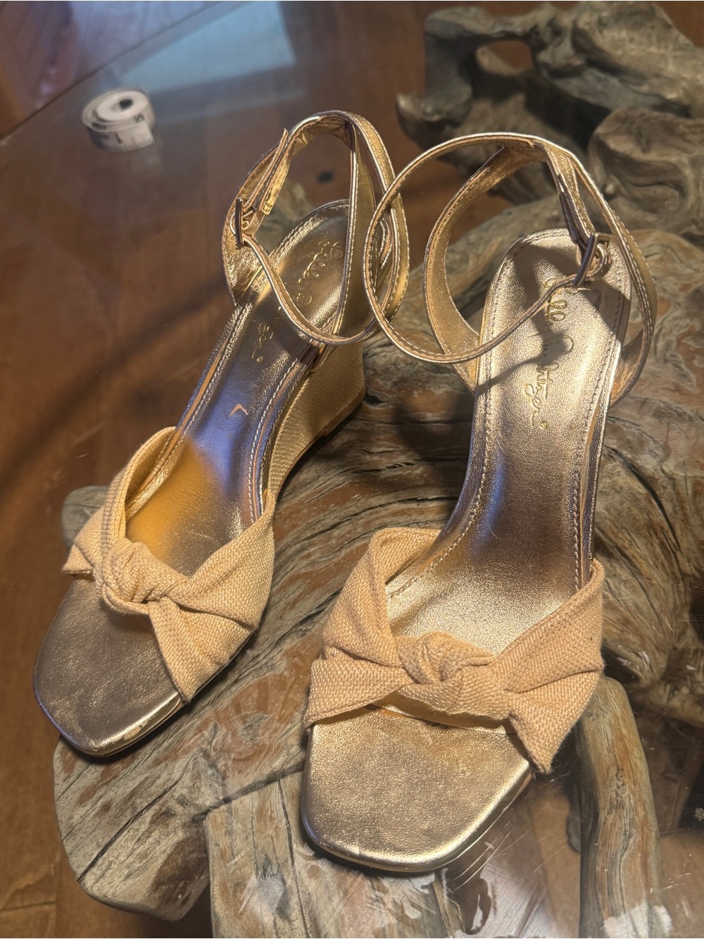 Lilly Pulitzer Gold Metallic & Beige Knotted Wedge Sandals